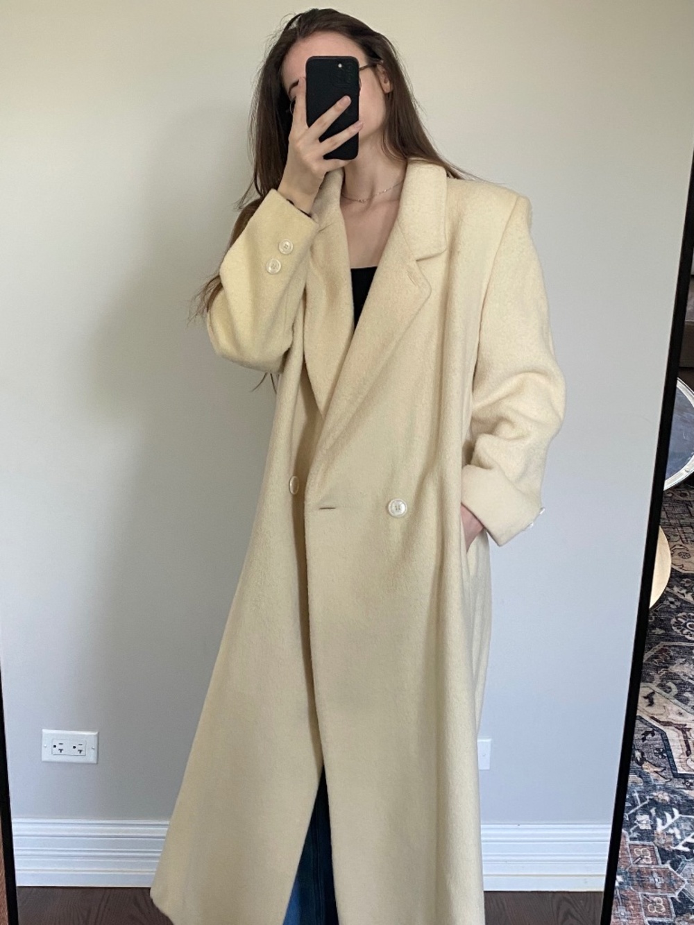 Vintage Ashley Scott Long Wool Coat Cream Ivory Double Breasted USA Made 80% Woo